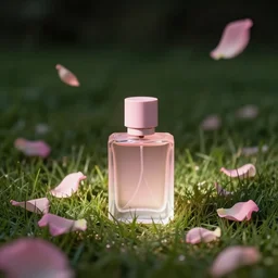 pink perfume standing in green grass surrounded by spiralling, floating rose petals, dimly - lit, starry night - time, soft - warm, zen, light, modern minimalist f 2 0 clean
