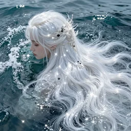 beautiful glowing sparkling shimmering ethereal white hair submerged in water fantasy art portrait, ocean waves and white water elegant hair, complex design hair, ultra realistic, wide angle, intricate details, fantasy artifacts, highly detailed by peter mohrbacher, hajime sorayama, wayne barlowe, boris vallejo, aaron horkey, gaston bussiere, craig mullins