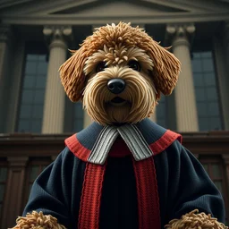 a closeup photorealistic illustration of a knitted bernedoodle judge wearing a justice gown and speaking to the courthouse. this 4 k hd image is trending on artstation, featured on behance, well - rendered, extra crisp, features intricate detail, epic composition and the style of unreal engine.