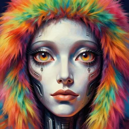 close up sci - fi hippie lsd poster art simon stalenhag robot eyes, rainbow fur, elegant, highly detailed, centered, digital painting, concept art, smooth, sharp focus, illustration, artgerm, tomasz alen kopera, peter mohrbacher, donato giancola, joseph christian leyendecker, wlop, frank frazetta