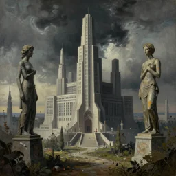 a dystopian surreal painting of statues and buildings by zdzisław beksinski