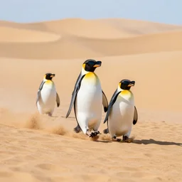penguins wearing sunglasses sliding in sand dunes, photography