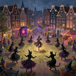a magical town with witches and black cats dancing around a colorful music festival in its center, inspired by victorian england and amsterdam, highly detailed, intricate, digital painting, trending on artstation, concept art, matte painting, art by greg rutkwowski, craig mullins, octane render, 8 k, unreal engine