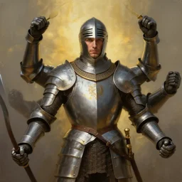 greg manchess oil matte portrait, knight in armor with four arms, 4 hands, medieval, fantasy, wonderful masterpiece highly detailed, scifi, beautiful cinematic light deep focus, elegant, digital painting, smooth, sharp focus, golden ratio, dramatic illumination, ultra realistic, 4 k, art by greg rutkowski wlop rossdraws