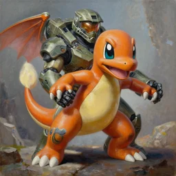 charmander playing as master chief, oil on canvas, intricate, 8 k highly professionally detailed, hdr, cgsociety