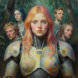 holy young female battle robot, award winning, portrait bust, symmetry, faded lsd colors, forest background, tim hildebrandt, wayne barlowe, bruce pennington, donato giancola, larry elmore, masterpiece, trending on artstation, cinematic composition, beautiful lighting, hyper detailed!!!, 8 k, oil on canvas