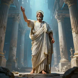 the apostle paul preaching in the areopagus before the greeks, style artstation, style greg rutkowsk, octane render, unreal engine 6, epic game graphics, fantasy, ciberpunk, conceptual art, ray tracing