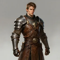 realistic portrait, 30 year old man :: athletic, fantasy soldier, medieval leather armour, brown clothes :: high detail, digital art, RPG, concept art, illustration