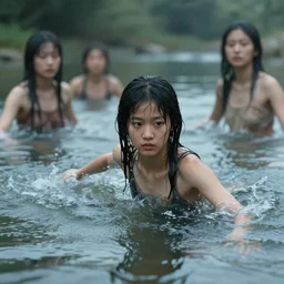 a upper body shot of a asian girl playing in the river by artgerm, dynamic lighting, ray tracing, tom bagshaw, alphonse mucha, donata giancola, mary jane ansell, atmosphere, realism, octane render, dof, hyperdetailed, 8 k