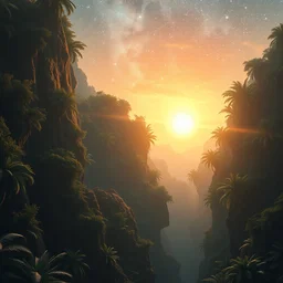 an award winning digital artwork of a lush prehistoric jungle chasm blending into starry sky in the background, stunning, washed out colors, professional, master level composition, volumetric lighting, haze, sunset, photorealistic