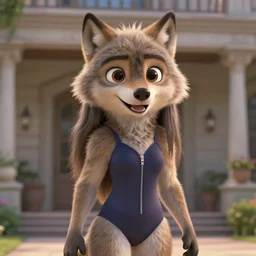 a photorealistic special effects scene from a cgi sci - fi film showing a lifelike anthropomorphic wolfgirl ( with fluffy fur and long hair and cute big eyes, detailed anthro wolf face, happy expression ) wearing a swimsuit standing in a mansion, with photorealistic lighting.