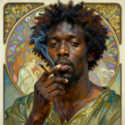 realistic detailed beautiful portrait a black men smoking a join by Anna and Elena Balbusso, Art Nouveau, rich deep vibrant colors