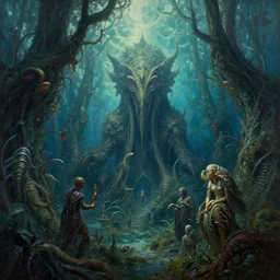 a cinematic masterpiece painting of gothic exotic alien underwater forest jungle, by Wayne Barlowe, by Tim Hildebrandt, by Bruce Pennington, by Zdzisław Beksiński, by Paul Lehr, oil on canvas, masterpiece, trending on artstation, featured on pixiv, cinematic composition, beautiful lighting, sharp, details, details, details, hyper-detailed, no frames, HD, HDR, 4K, 8K