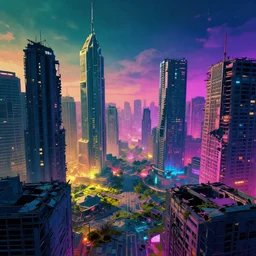cyberpunk landscape of a ruined city, landscape, vibrant colors
