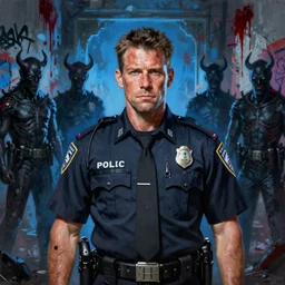 walton goggins from justified and the shield in constantine ( 2 0 0 5 ). gritty police detective. world weary, horror, gloomy. grime, dirt, motor oil, coal. flat blocky colours. cenobites, bloody graffiti cover walls. blue glow. oil painting, highly detailed, centered, digital painting, artstation, concept art, smooth, sharp focus, illustration, artgerm, tomasz alen kopera, peter mohrbacher, donato giancola, joseph christian leyendecker, zdzisław beksinski, drew struzan, hell demons