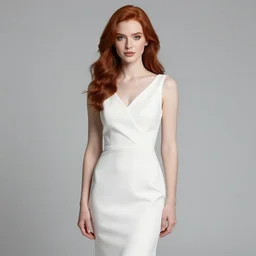 a beautiful model with red hair and wearing a white evening dress, stands in a bright forest leaning against a tree, professional photographic lighting