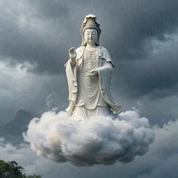 wenjun lin and ghibli digital illustration of a huge cloud - guanyin statue made of smoke and clouds in the air, rainstorm, summer ， mountain, unreal engine, hyper realism, realistic shading, cinematic composition, realistic render, octane render, detailed textures, photorealistic, wide shot