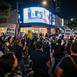 crowd of crazy people with placards attacking cops in front of stores in los angeles with light screens all over the street, photorealism, art for the game, professional lighting, night lighting from streetlights, japanese chill photo, concept art