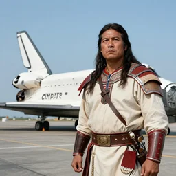 portrait of Iroquois warrior standing next to the space ship shuttle crashed in the desert, black and white old photo, vintage