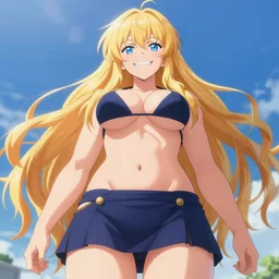 a very beautiful young anime giantess, from below perspective,, full body, long wavy blond hair, sky blue eyes, full round face, evil grin, bikini, miniskirt, front view, mid - shot, highly detailed, cinematic wallpaper by stanley artgerm lau