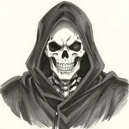 A anime still of a grim reaper by Takeshi Obata, skeleton face symmetrical face,pencil art on paper