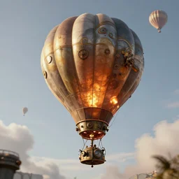 hot air flying machine steampunk, octane render, volumetric, unreal engine