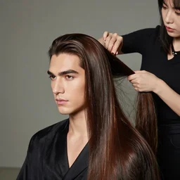 handsome man with shiny and silky long hair gets hair styled by the hair queen, luxurious, cannon lens