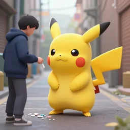 A real life pikachu buying drugs from a random dude in a hoodie in an alley, photorealistic art