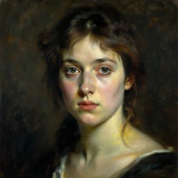 oil portrait of beautiful woman with an intense face, high - contrast, dramatic lighting, by monet, van gogh, thomas cole, renoir