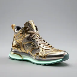 one futuristic high - top sneaker with neon illuminated soles on a grey surface, clean 3 d render, beautiful studio lighting, soft, sharp focus, cyberpunk, intricate detail, gold filigree, art by iris van herpen and syd mead and rodin