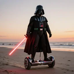 a photorealistic photograph of darth vader riding a hoverboard at the beach during sunset. bright red lightsaber. illuminated scene. fine detail. this 4 k hd image is trending on artstation, featured on behance, well - rendered, extra crisp, features intricate detail, epic composition and the style of unreal engine.
