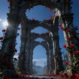 broken arches leading to the pillars of eternity draped with red flowers and vines, blue sky, lens flare, a sense of mystery, cinematic, ultra detailed, intricate, sharp focus, trending on artstation, 8K, Tim Burton style