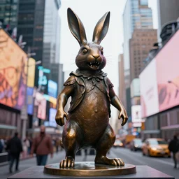 a realistic bronze sculpture of a very scary bunny with sharp teeth made by michelangelo, standing in times square, 3 d render, hyper detailed, sharp focus, 8 k resolution