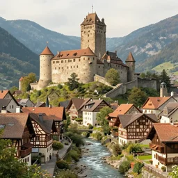 view of a medieval walled city nestled in a mountain with small river flowing through center, large castle high up in a mountain peak in the background, alpine architecture, half - timbered, tudor style houses, chalet, soft colors, cozy, very beautiful, intricate, majestic, concept art, artgerm, james gurney, trending on art station