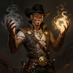 a handsome regal young African-American cowboy with a smirk and gold teeth with a nice eyes catch light, holding dark and light magic in both hands, volumetric lighting, D&D, fantasy, intricate, cinematic lighting, highly detailed, digital painting, artstation, concept art, smooth, sharp focus, illustration, no crop, full length art by Jacob Lawrence