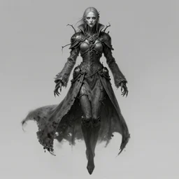 female revenant, undead, grey tarnished longcoat, vengeful, floating, no legs, tendrils, high fantasy, steampunk, monochromatic, detailed face, highly detailed, smooth, shrap focus, matte digital illustration, by koyorin, donato giancola, pixiv, chiaroscuro