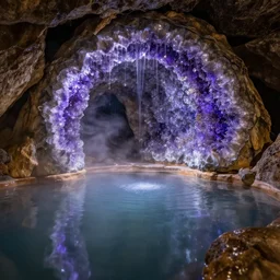 photo inside an amethyst cave with a hot spring