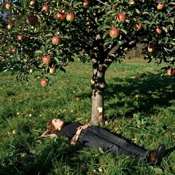 I see them, see me, and see meadow surrounding me. I prop myself up in the uneven grass, pull my legs close and stand up. Next to me a sturdy but small tree. On it and around it apples. One of them, where I probably lay leaning against the tree, bitten.