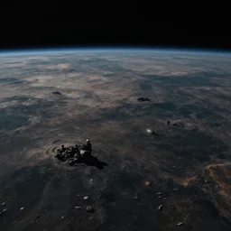 Wide shot of a the surface of an alien world . Scenic view, in the void of space, underexposed, matte painting by Craig mullins and Emmanuel_Shiu and john berkey, cinematic, dark sci-fi, concept art trending on artstation, 4k, insane details, ultra realistic