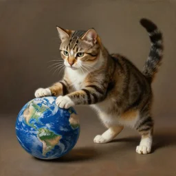 a cat playing with the Earth like a ball, realistic painting, classical painting, high definition, digital art, matte painting, very detailed, realistic