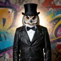 gentleman owl with black biker jacket, portrait photo, backlit, wall with colorful graffiti, studio photo, suit, bow tie, tophat, tophat