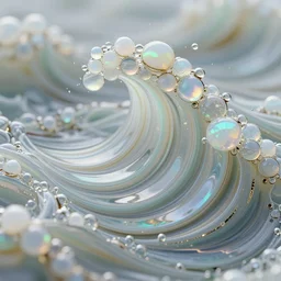 Art Nouveau cresting oil slick waves, hyperdetailed bubbles in a shiny iridescent oil slick wave, ammolite, detailed giant opalized ammonite shell, black opal, abalone, paua shell, ornate copper patina medieval ornament, rococo, oganic rippling spirals, octane render, 8k 3D