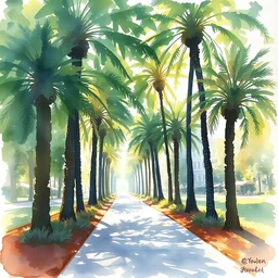 small centered on watercolor paper, paint brush strokes, abstract watercolor painting of city park with palm trees, daylight, shadows, covering foliage over pathway, sunlight shining through, translucent leaves, cinematic light, national romanticism by hans dahl, by jesper ejsing, by anders zorn, by greg rutkowski, by greg manchess, by tyler edlin