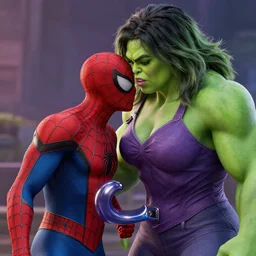 spider - man kissing she - hulk, unreal engine 5, photorealism, hd quality, 8 k resolution, cinema 4 d, 3 d, cinematic, art by artgerm and greg rutkowski and alphonse mucha and loish and wlop