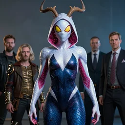 a portrait photograph of spider gwen as a antilope super villian with slimy amphibian scaled blue skin and yellow eyes. she is wearing a living organic suit. by donato giancola, hans holbein, walton ford, gaston bussiere, peter mohrbacher and brian froud. 8 k, cgsociety, fashion editorial