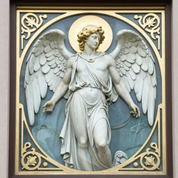 full figure art nouveau window depicting a young fit male angel with curly blond hairs, dressed with fluent clothes, majestic wings, luminous halo, by alfons mucha, d & d character, gradient white to gold, in front of an iridescent background, highly detailed portrait, digital painting, artstation, concept art, smooth, sharp focus, illustration, artstation hq
