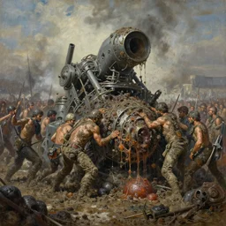 oil painting of 3 0 0 0 battle - panorama embedded in filth covered in muck bolus & fibrinous exudate machine, by alberto bontempi, shigeru komatsuzaki, wayne d barlowe, alex ross, enric torres, simon bisley & boris vallejo, hyper realism, cinematical, narrative light, muted colors, epic, hyper detailed,