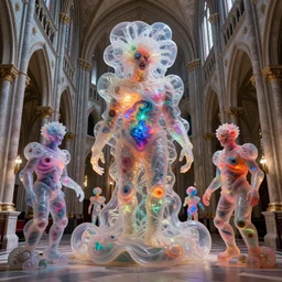 intricately detailed terrifying entities made of soft translucent plastic and glowing cosmic nebulae in an ornate rococo cathedral, colorful modern style by Damien Hirst, Artstation