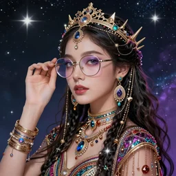 charming and miracle female luxury astromancer wear glasses in the starry sky, boho channel accessories, star sparkles, sharp focus, d & d, kpop, epic retrowave art, masterpiece, trending on art station, fantasy, digital painting, highly detailed, 8 k realistic, dof, art by artgerm, greg rutkowski, sasoura, satchely, no distorsion
