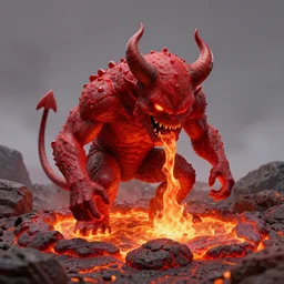a devilish red monster with horns licking hot lava emerging from boiling rough fiery lava seas, close - up portrait photo by david lachapelle, masterpiece, trending on flickr